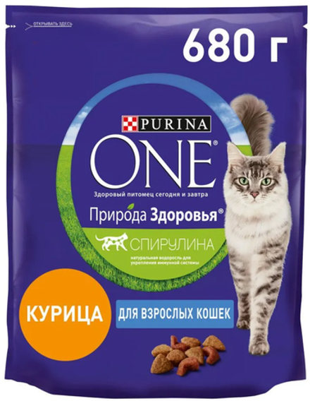 Purina ONE для взрослых кошек с Курицей (Спирулина) 680г.