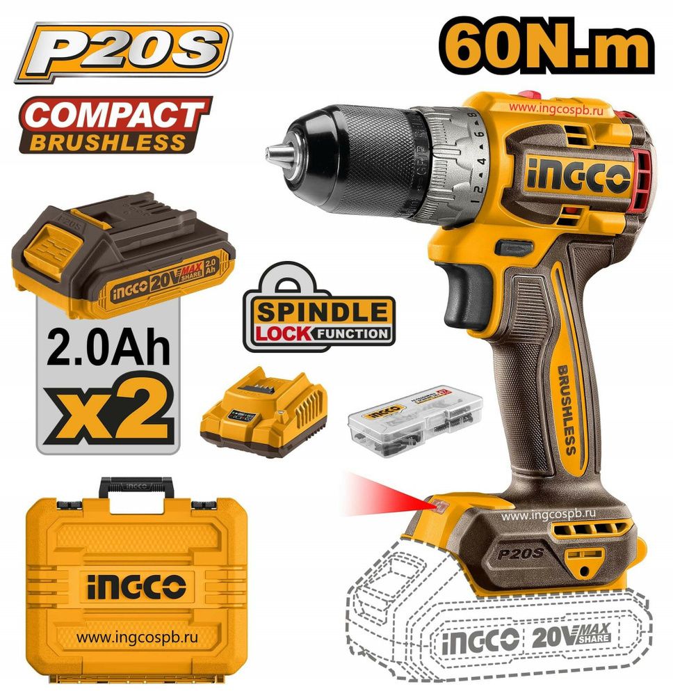 Аккумуляторный бесщеточный шуруповерт INGCO CDLI20602 INDUSTRIAL 20 В 60 Нм 22+1