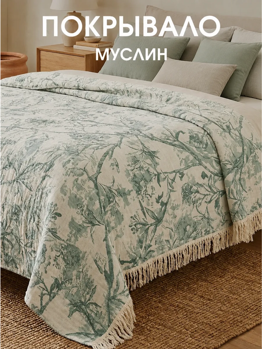 Покрывало на кровать муслиновое с бахромой