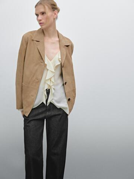 Massimo Dutti Пиджак свободного кроя из замши, песочный