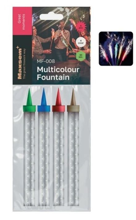 Тортовая свеча "Multicolour Fountain" MF-008  к-т 4 шт, 10-12,5см, цветной огонь  (1/30/120)