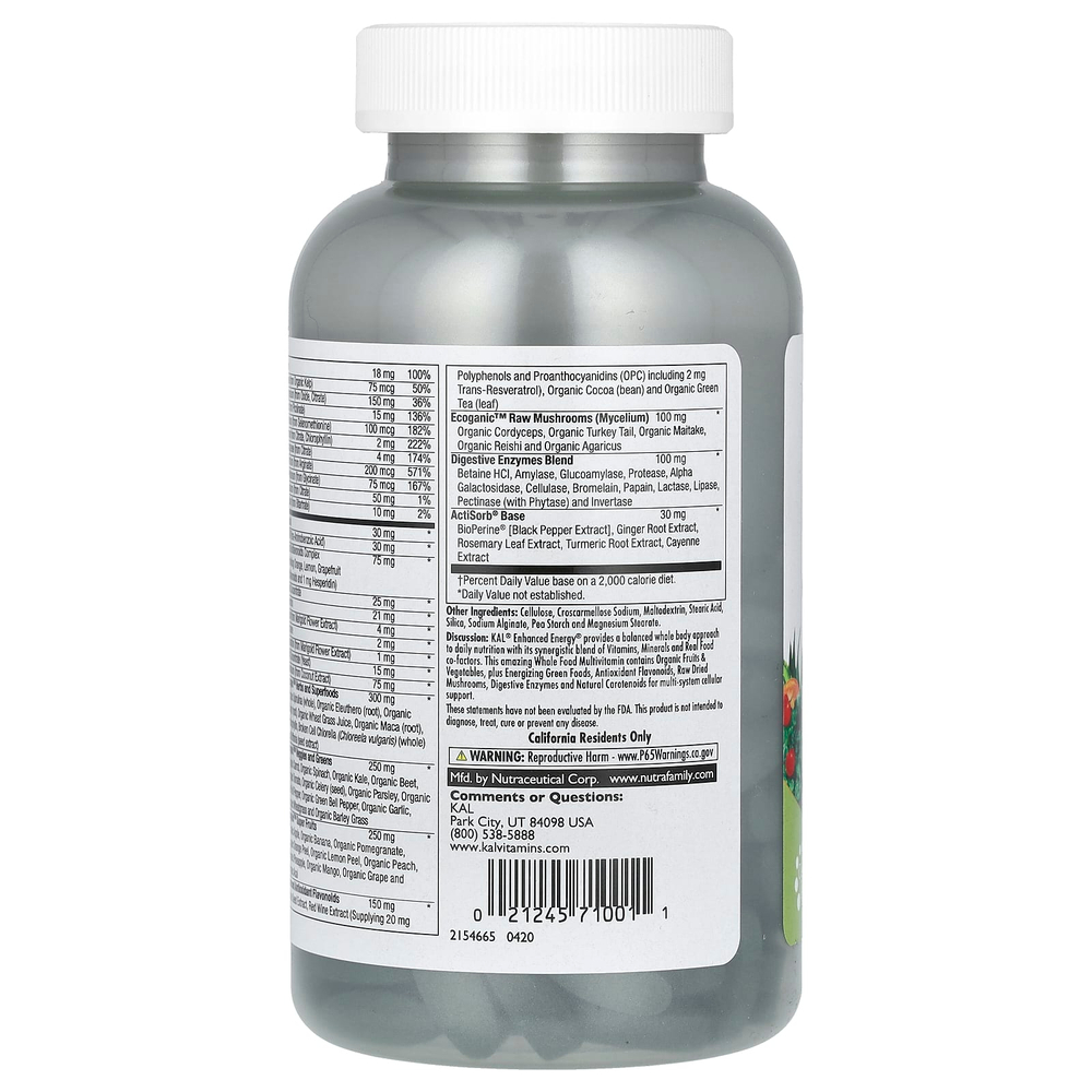 KAL, Enhanced Energy, Whole Food Multivitamin, 180 Vegetarian Tablets