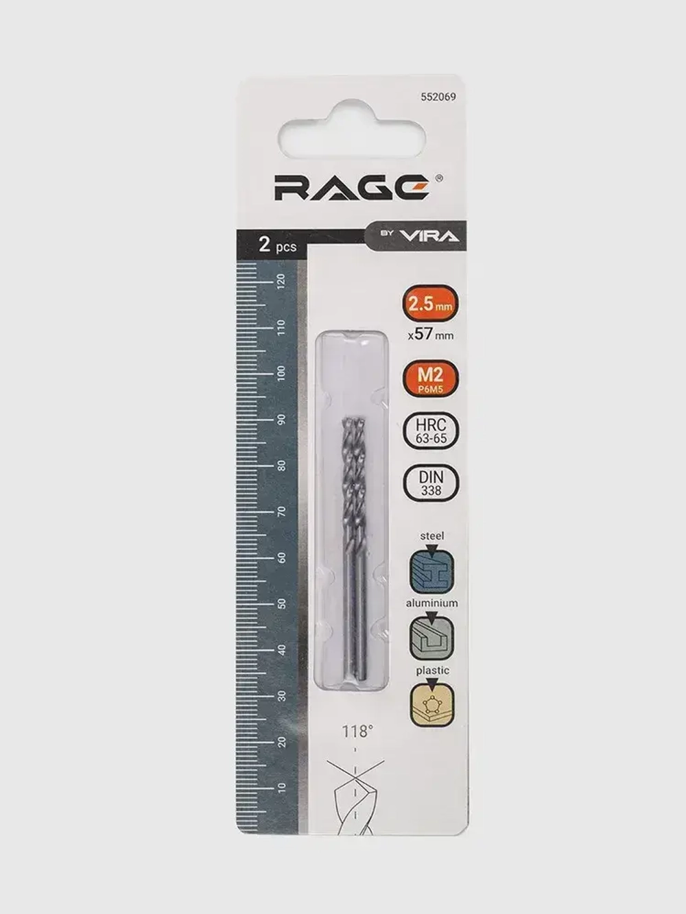 Сверло по металлу 2.5 мм P6M5 2 шт RAGE by VIRA