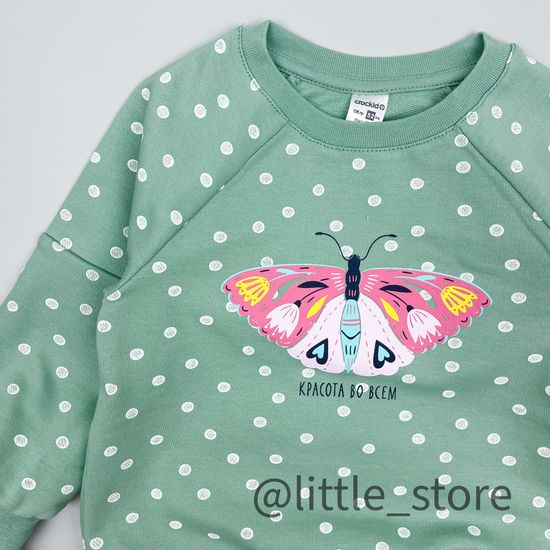 Свитшот "Бабочки в саду"из футера, пыльная мята