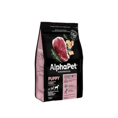 Сухой корм для щенков до 6 мес., беременных и кормящих собак крупных пород AlphaPet Superpremium, 1,5 кг с говядиной и рубцом