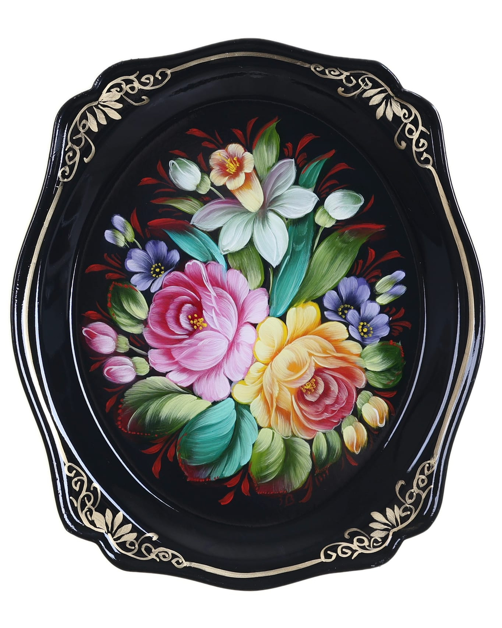 Жостовский поднос декоративный, размер 20х17 см (A3), металлический