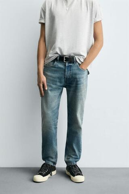 ZARA УКОРОЧЕННЫЕ ДЖИНСЫ SLIM FIT, ВЫЦВЕТШИЙ СИНИЙ