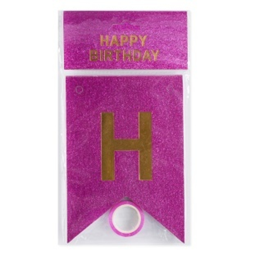 Гирлянда Флажки, Happy Birthday, Фуксия/Золото, Металлик, с блестками, 350 см, 17*12 см, 1 упак.