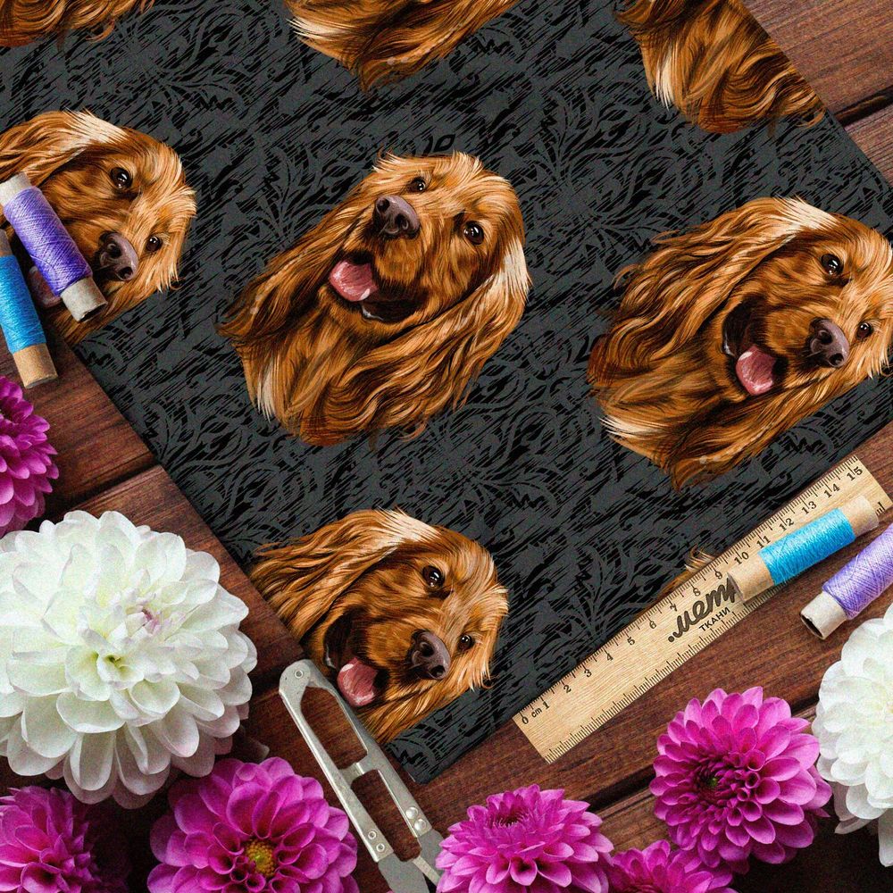 Ткань оксфорд 210 счастливая собака на тёмном фоне