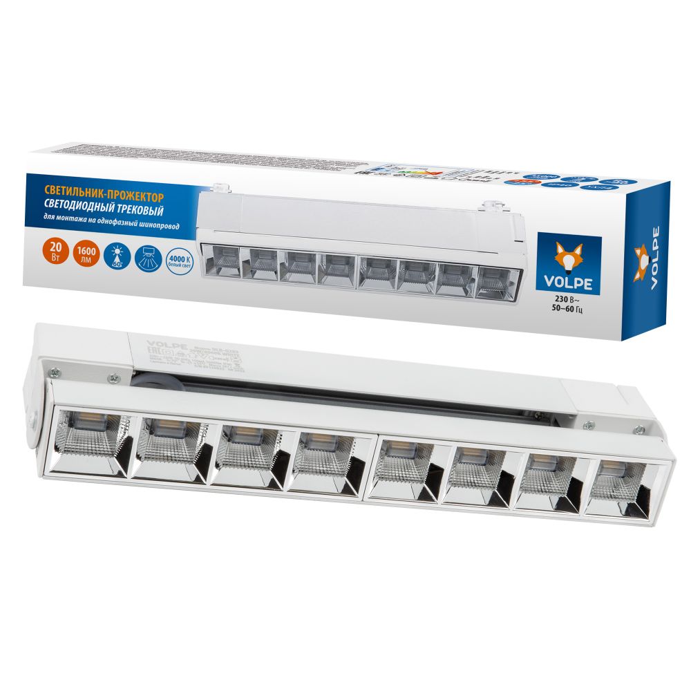 ULB-Q283 20W-4000K WHITE Светильник-прожектор светодиодный трековый. Линейный. 1600 Лм. Белый свет 4000К. Корпус белый. ТМ Volpe
