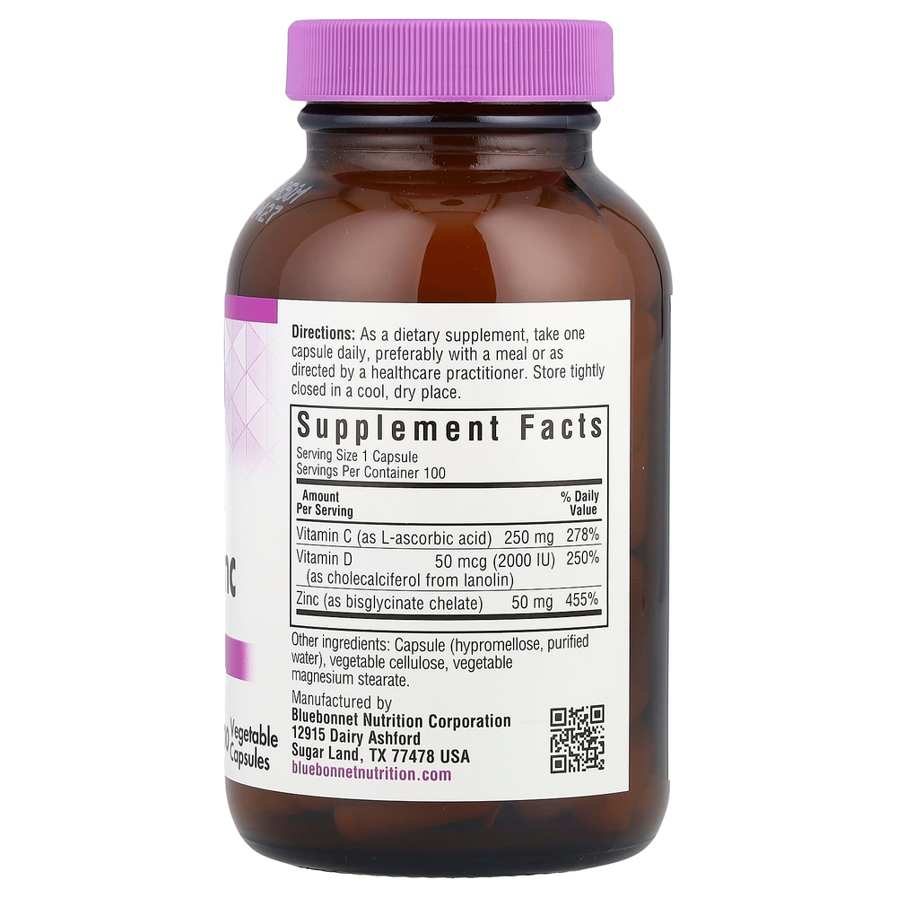 Bluebonnet Nutrition, витамины C, D3 и цинк, 100 растительных капсул