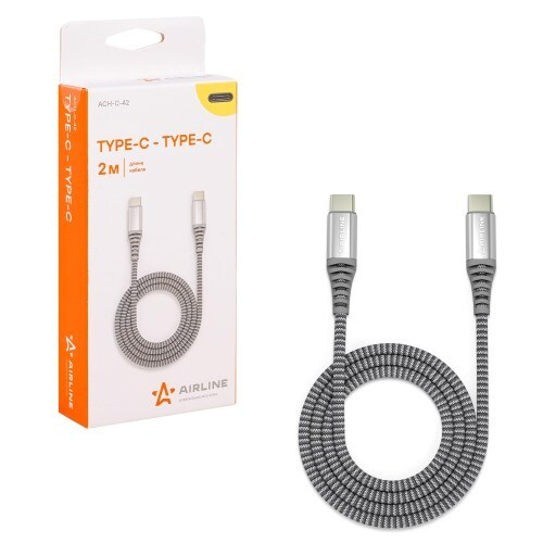Дата-кабель универ. Type-C на Type-C 2 м серый 3А, нейлоновая оплетка (AIRLINE)