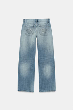 ZARA ДЖИНСЫ TRF WIDE-LEG С НИЗКОЙ ПОСАДКОЙ И СТРАЗАМИ, СИНИЙ