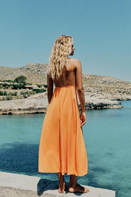 ZARA СТРУЯЩЕЕСЯ ПЛАТЬЕ МИДИ С ЗАВЯЗКАМИ, ОРАНЖЕВЫЙ