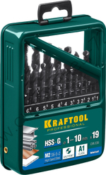 KRAFTOOL HSS-G 19шт(1-10мм), Набор сверл по металлу HSS-G, сталь М2(S6-5-2)