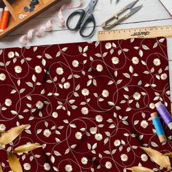 Ткань габардин полевые цветы на бордовом фоне