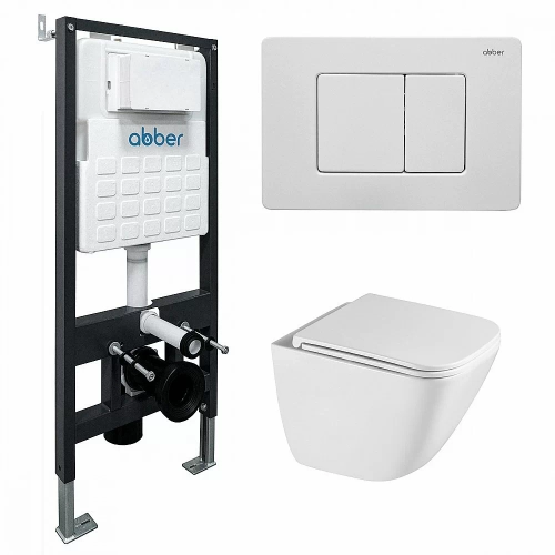 Унитаз подвесной ABBER Rechteck AC1220TC-AC0105-AC0120MW белый/кнопка белая матовая, с крышкой микролифт, с инсталляцией, безободковый, слив-торнадо