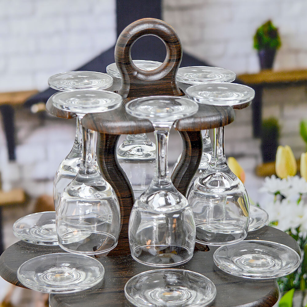 Набор 18 предметов (6 бокалов 200мл, 6 рюмок 60мл, 6 стопок 50мл) на деревянной подставке "Изящная",