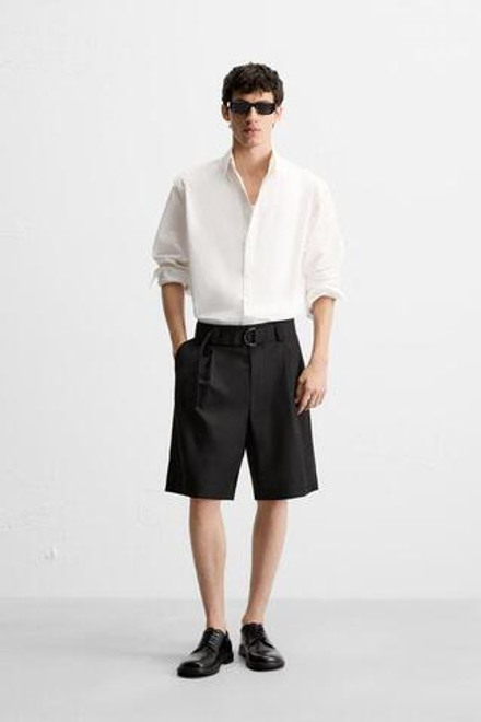 ZARA ШОРТЫ-БЕРМУДЫ WIDE FIT С РЕМНЕМ, ЧЕРНЫЙ