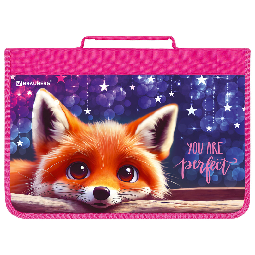 Папка на молнии BRAUBERG А4 с ручкой с органайзером 1 отделение "Cute fox" (2 штуки в упаковке)