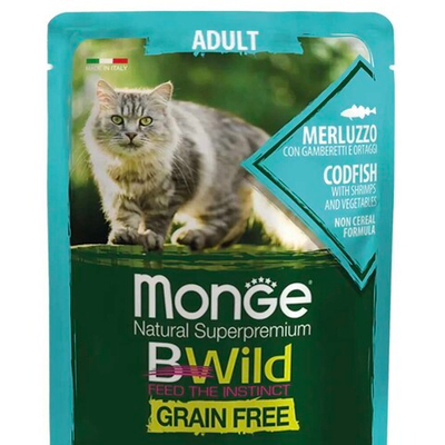 Monge Cat Bwild 85 г (треска с креветками и овощами) - беззерновые консервы (пауч) для взрослых кошек