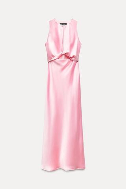 ZARA АТЛАСНОЕ ПЛАТЬЕ МИДИ CUT OUT, СВЕТЛО-РОЗОВЫЙ