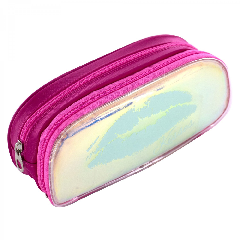 Пенал 2 отделения Alingar, ПВХ-силикон, молния, 110 х 210 мм, "With love!", розовый (бирюзовые губы)