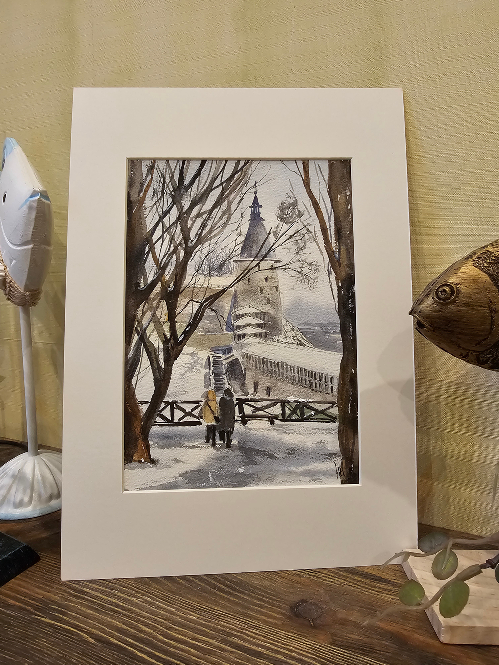 Картина авторская акварельная в паспарту 21х30 см на стену для интерьера "Прогулки по Пскову"