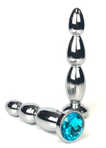 Серебристая удлиненная анальная пробка-ёлочка с голубым кристаллом - 13 см. (Цвет: голубой)