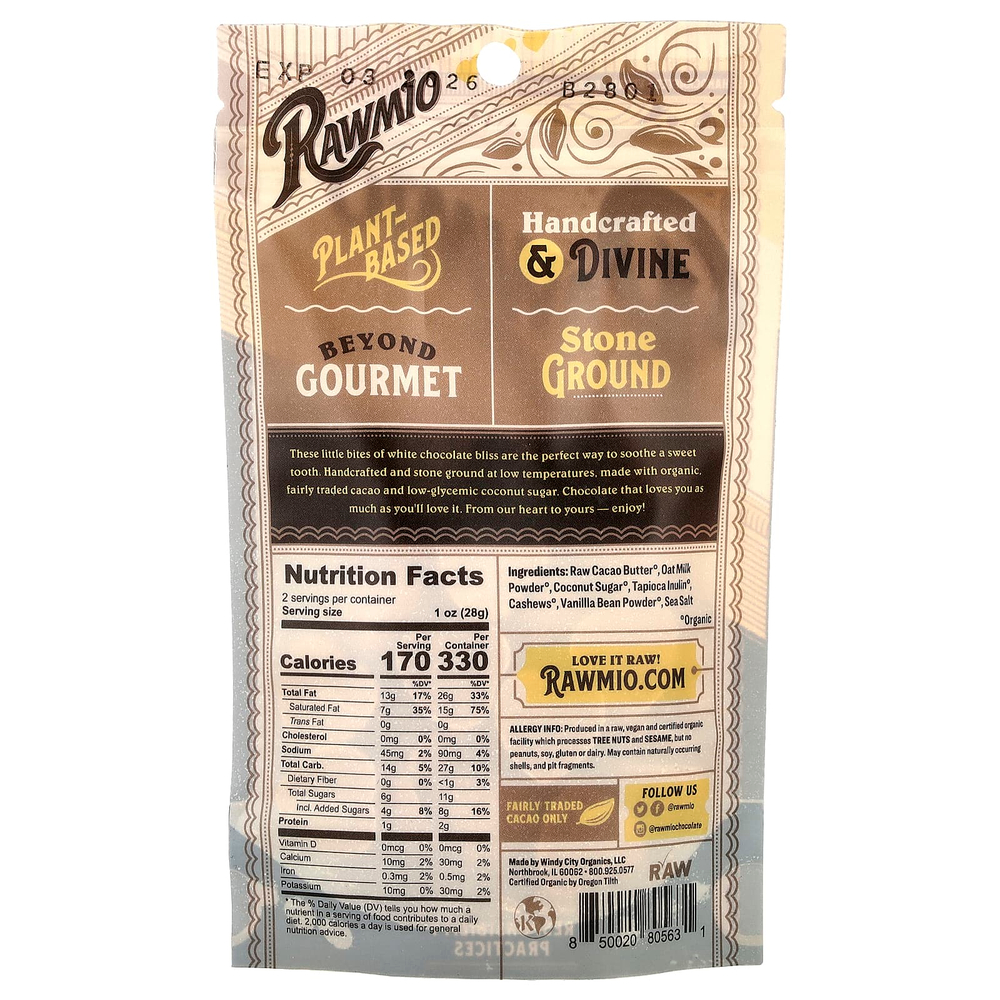 Rawmio, Сердца из белого шоколада, 40% сырого какао, 56,7 г (2 унции)