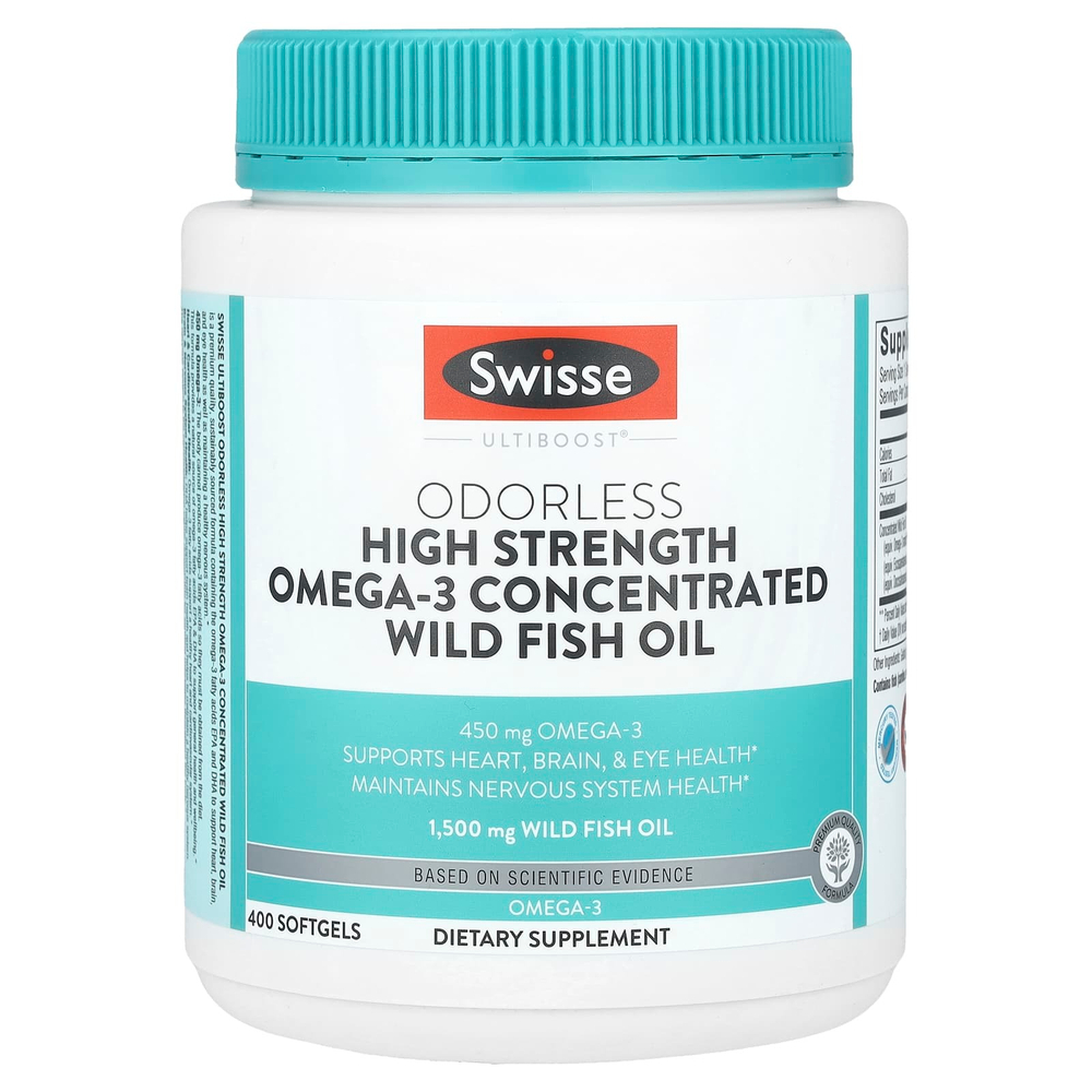 Swisse, Ultiboost®, высокоэффективный концентрированный рыбий жир с омега-3 без запаха, 1500 мг, 400 мягких таблеток