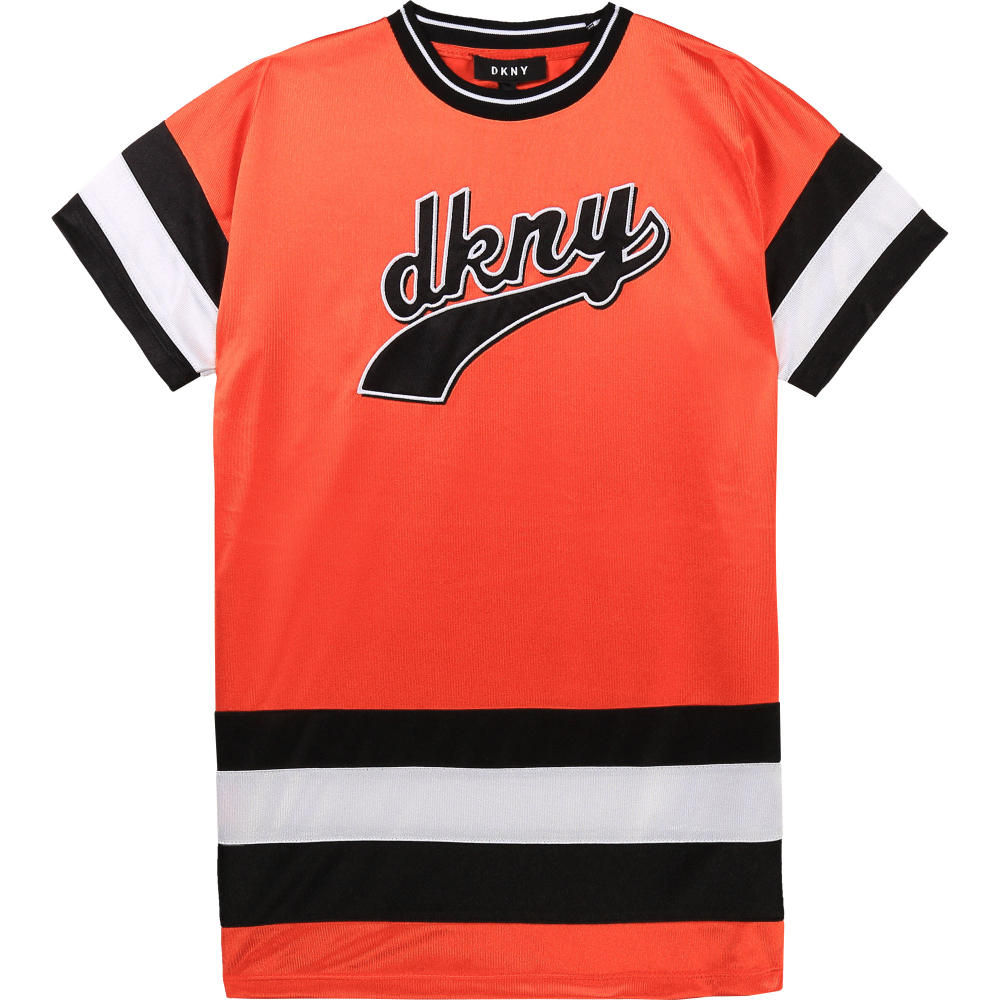Платье DKNY Оранжевый/Черные, белые полоски/Аппликация: черно-белый логотип (Девочка)