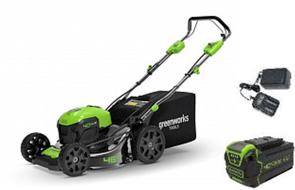 Газонокосилка аккумуляторная Greenworks Арт. 2506807UB, 40V, 46см, самоходная, бесщеточная, c 1хАКБ 4 Ач и ЗУ
