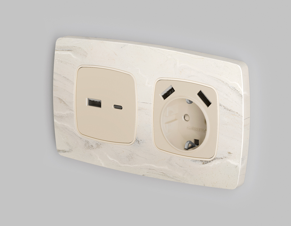 MO329010 Комплект механизма электрической розетки OMEGA Бежевый матовый 2USB A+A 18W (быстрая зарядка) с/з QUANT (OP3290, VM155)