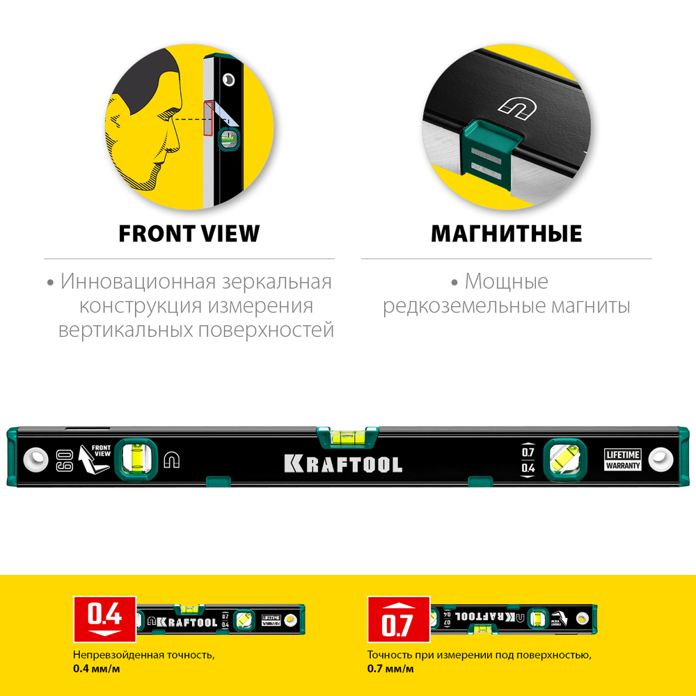 KRAFTOOL 600 мм, усиленный профиль, с зеркальным глазком, магнитный уровень (34785-60)