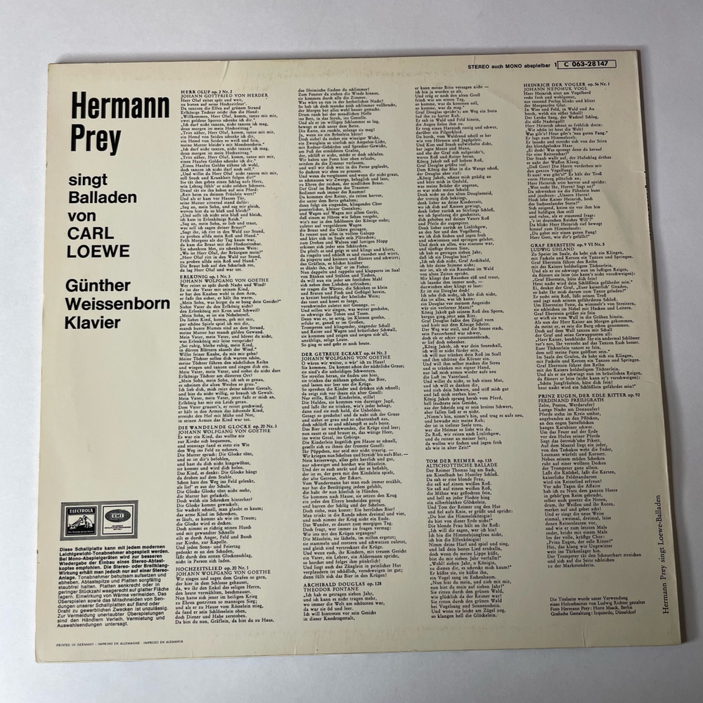 Винтажная виниловая пластинка LP Герман Оскар Карл Бруно Прей Hermann Prey, Carl Loewe, Gunther Weissenbor, Hermann Prey Singt Balladen Von Carl Loewe (Германия 1966)