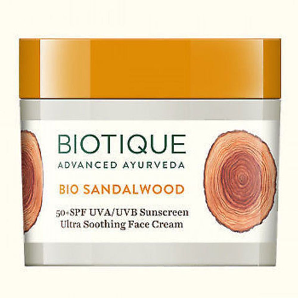 Крем для лица Biotique Bio SPF50+ с Сандалом смягчающий успокаивающий солнцезащитный, 50 гр