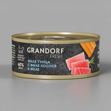 Консервы GRANDORF Fresh для кошек и котят, филе тунца с филе лосося в желе