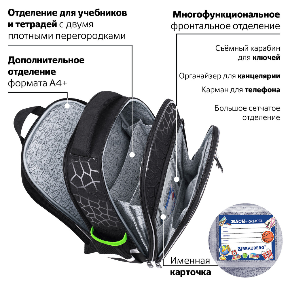 Ранец BRAUBERG QUADRO, 3 отделения, с брелком, "Tyrannosaur", светящийся рисунок, 37х28х18 см, 272021