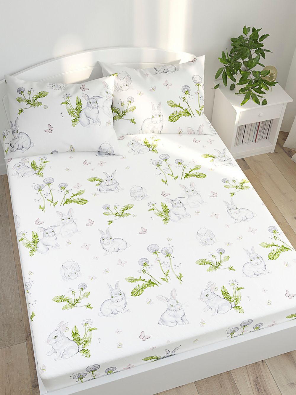 Постельное белье Сказка "Кролики" 1,5-сп Наволочка 50х70 см 1 шт Простынь 150х215 см Пододеяльник 145х215 см, поплин
