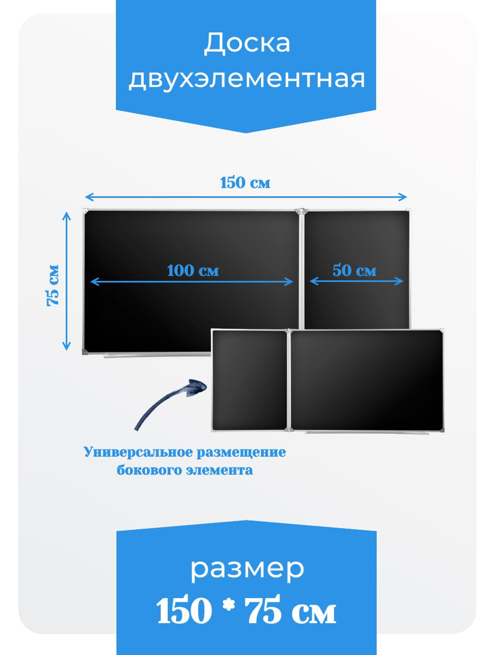 Двухэлементная(Л) магнитная полимерная школьная доска 1500х750 чёрная