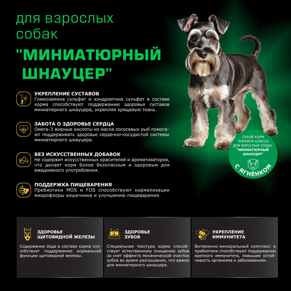 Корм сухой для взрослых собак породы Миниатюрный Шнауцер, с ягненком, 800 гр, QUATTRO