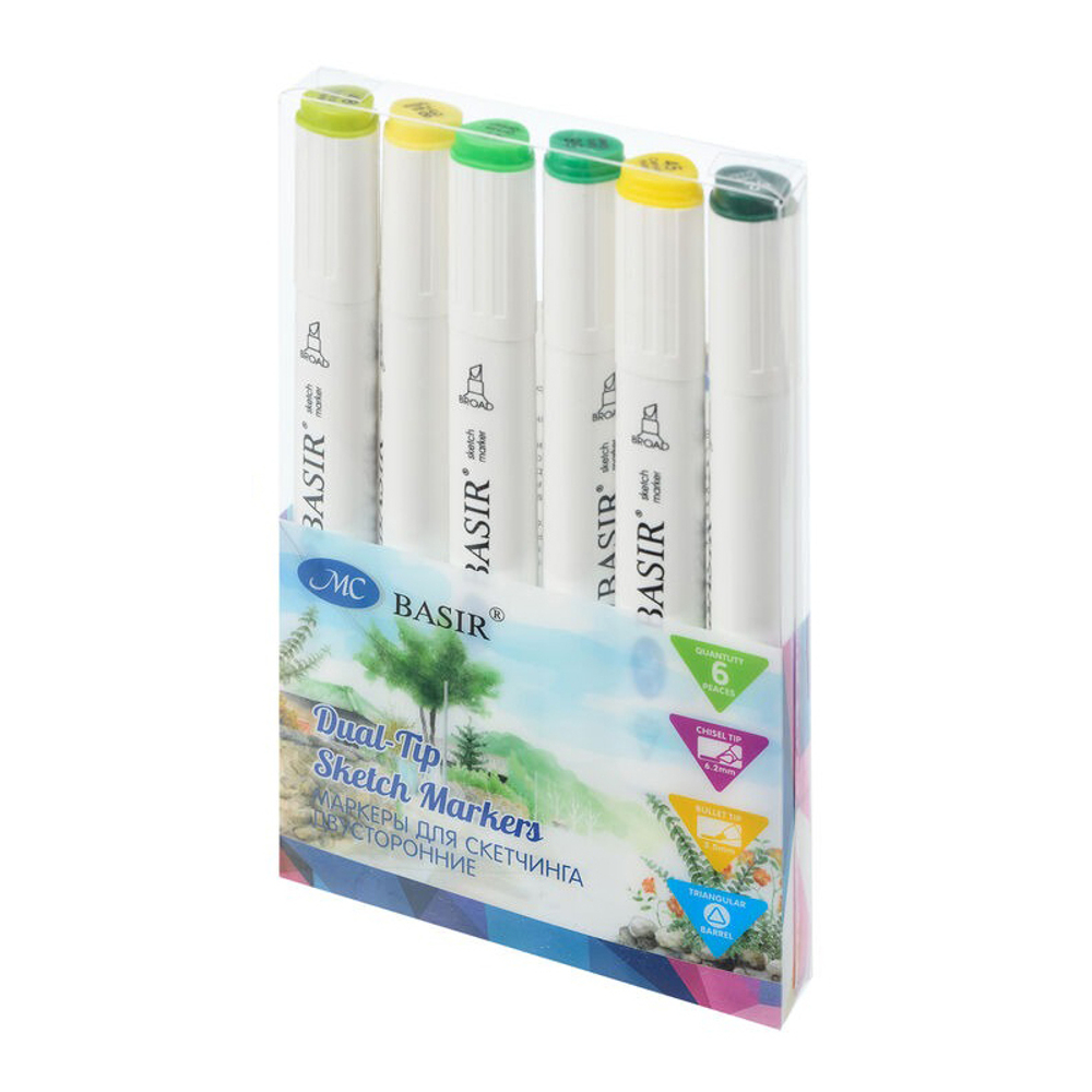 Маркер для скетчинга, двусторонние, Basir, серия "Жёлто-зелёные тона", трёхгранные, 14 мм, спиртовые, 6 шт