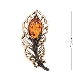 AM-2104 Брошь «Перышко ажурное» (латунь, янтарь)