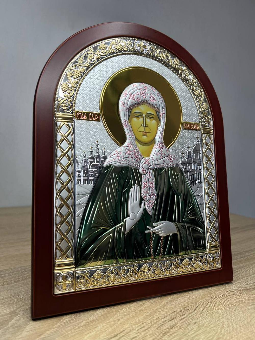 Матрона, икона арочная, красное дерево, эмаль 206х275