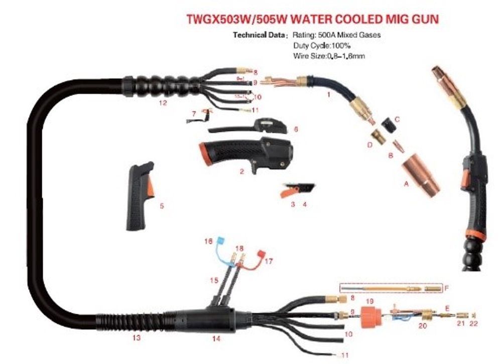 Сварочная горелка TWGX503W Water Cooled MIG Gun 3.5 m TWGX503W35 Сварочная горелка TWGX503W Water Cooled MIG Gun 3.5 m TWGX503W35