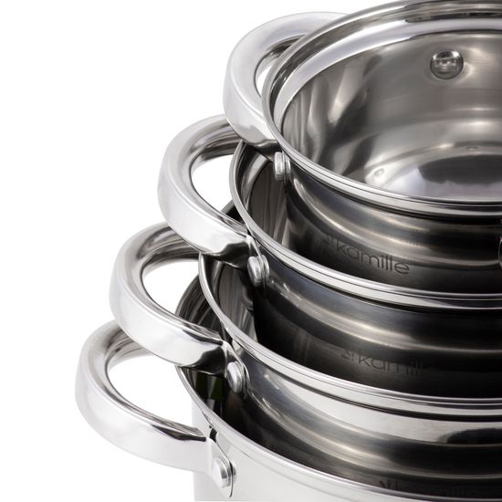 Набор кастрюль 8 предметов из нержавеющей стали Kamille KM-5637S (1,0 л; 1,8 л; 2,5 л; 3,8 л)
