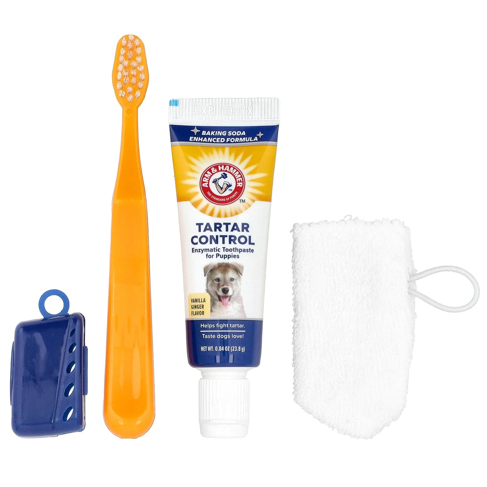Arm & Hammer, Tartar Control, стоматологический тренировочный набор для щенков, ванильный имбирь, набор из 4 предметов