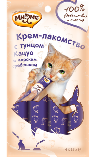 Мнямс Крем -лакомство с тунцом Кацуо и морским гребешком 4*15 гр Мнямс Крем -лакомство с тунцом Кацуо и морским гребешком 4*15 гр