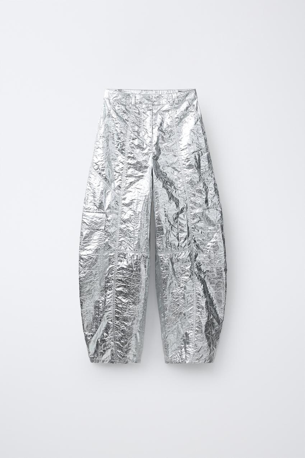 ZARA МЕТАЛЛИЗИРОВАННЫЕ БРЮКИ BARREL, СЕРЕБРИСТЫЙ
